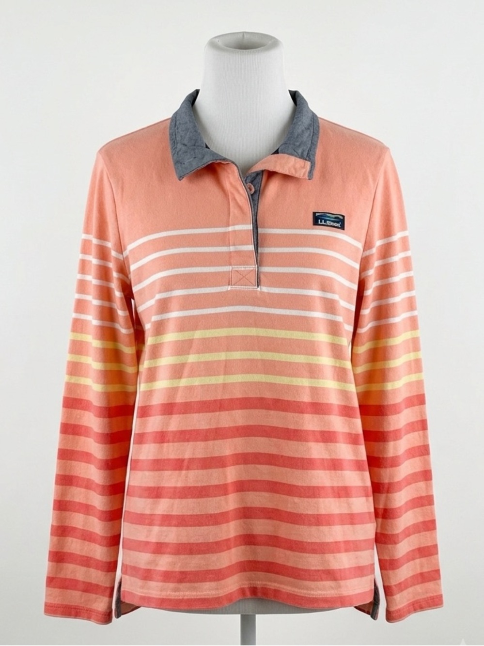 L.L. Bean 100% Cotton Ombre Striped Rugby Shirt Chambray Collar Size XL